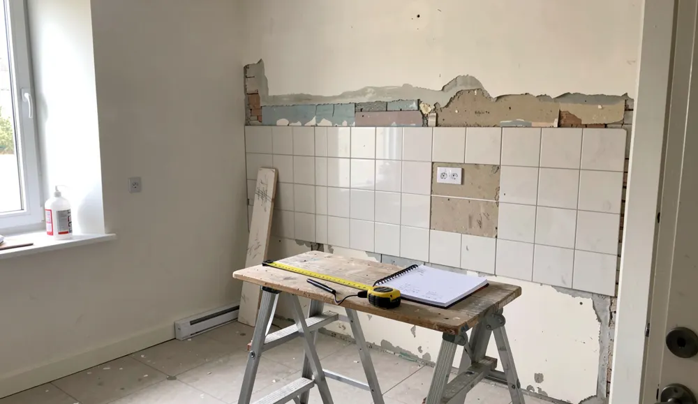 Salle de bain en chantier dans un appartement vide, mur partiellement dépouillé, mètre ruban et carnet posés sur un tréteau